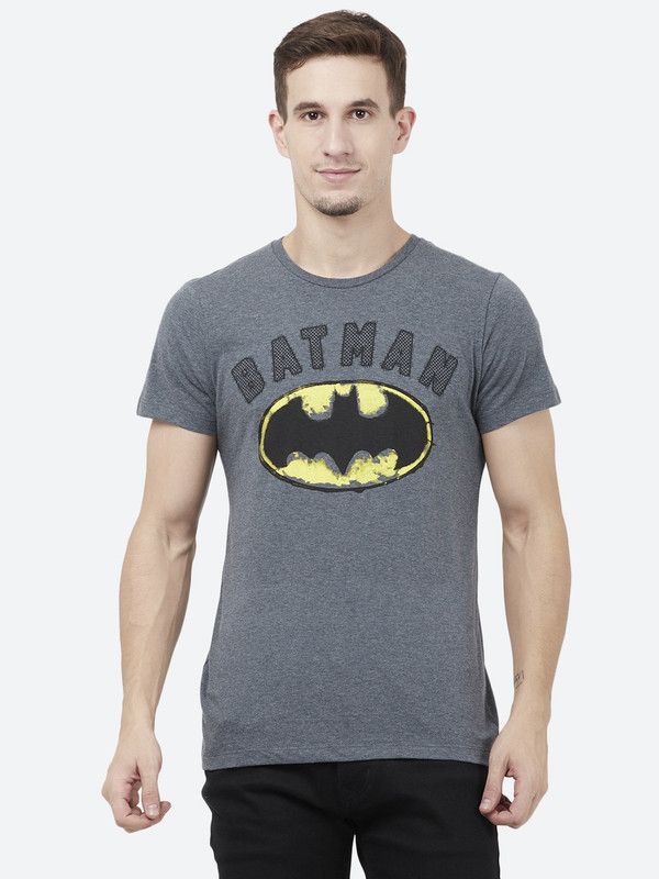 BATMAN Men Graphic Print Round Neck Pure Cotton Grey T-Shirt