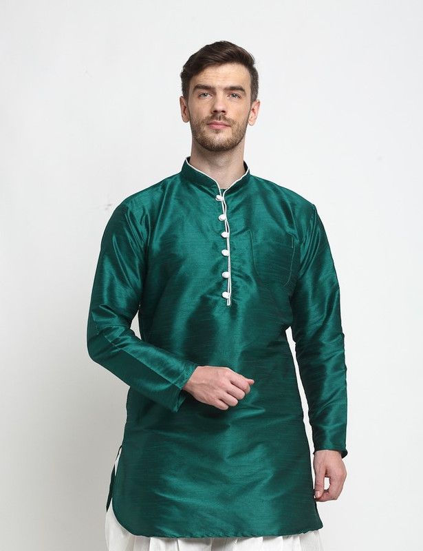 Men Self Design Silk Blend Straight Kurta  (Green)