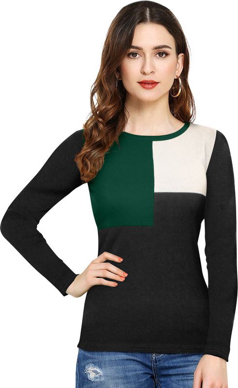 KLAVIQ Women Tshirt Color Block Green Round Neck Topwear Women Colorblock Round Neck Polyester Green T-Shirt