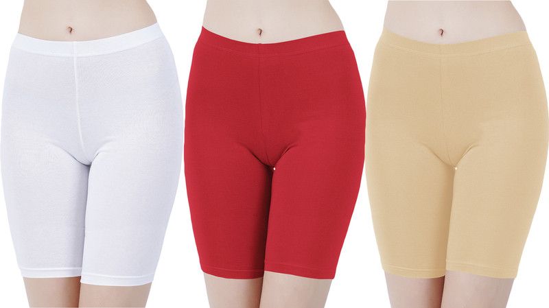 Pack of 3 Solid Women White, Red, Beige Cycling Shorts