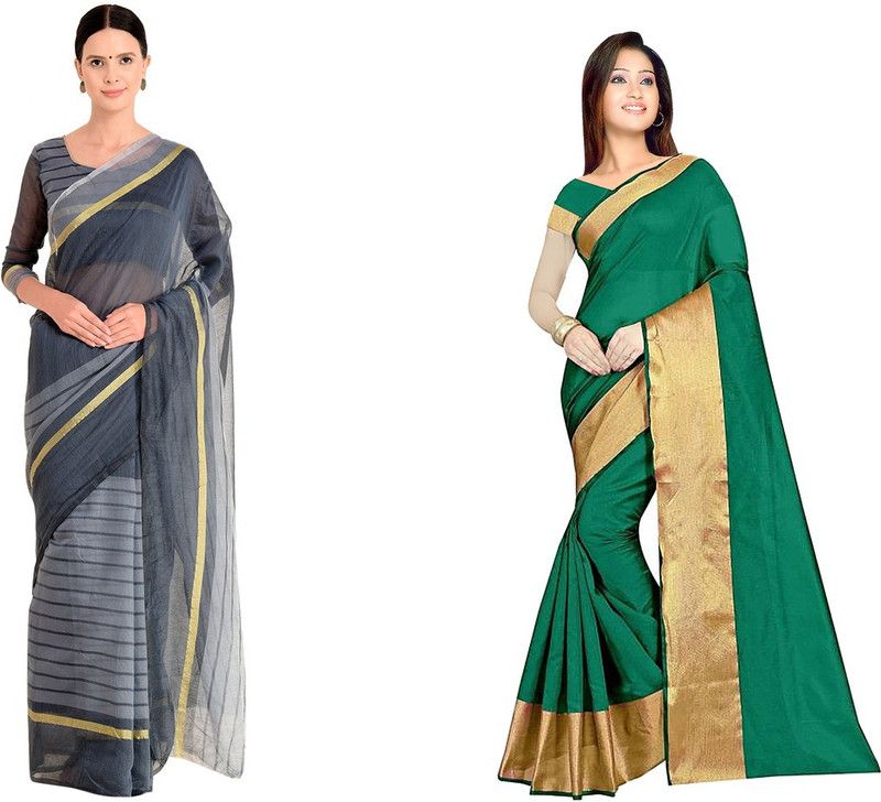 Geometric Print Daily Wear Cotton Silk Saree  (Pack of 2, Green, Blue)