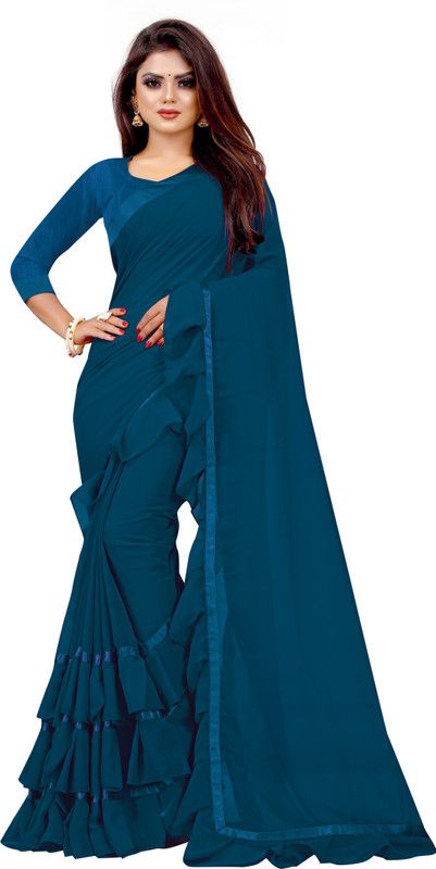 Solid/Plain Bollywood Georgette, Pure Silk Saree  (Blue)