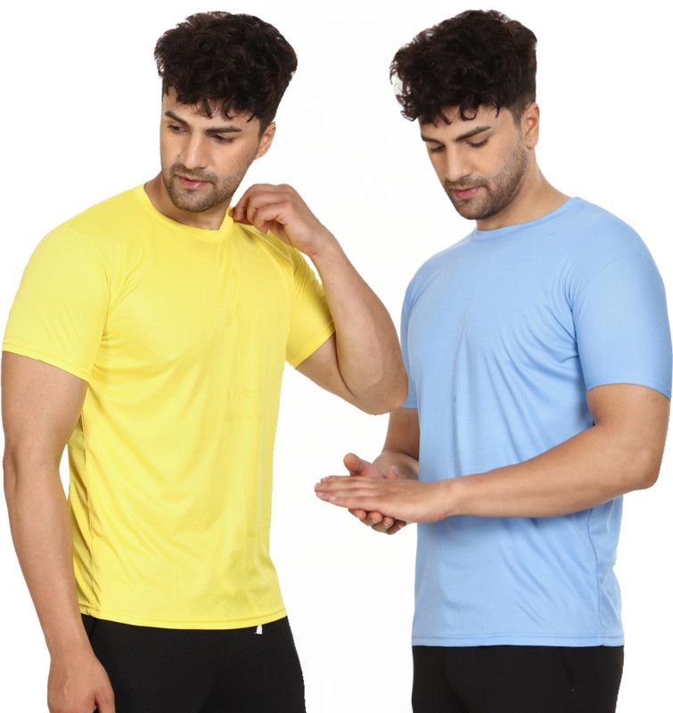 Pack of 2 Men Sporty Round Neck Polyester Light Blue, Blue T-Shirt