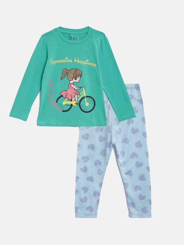 Girls Casual T-shirt Pyjama  (Dark Green)