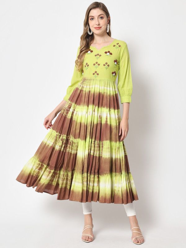 Women Dyed/Ombre Cotton Blend Flared Kurta  (Green)