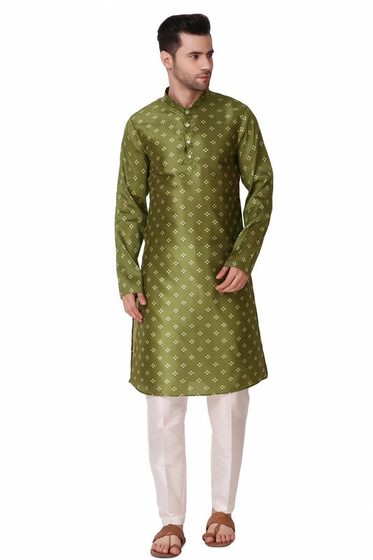 Men Block Print Kurta  (Dark Green)