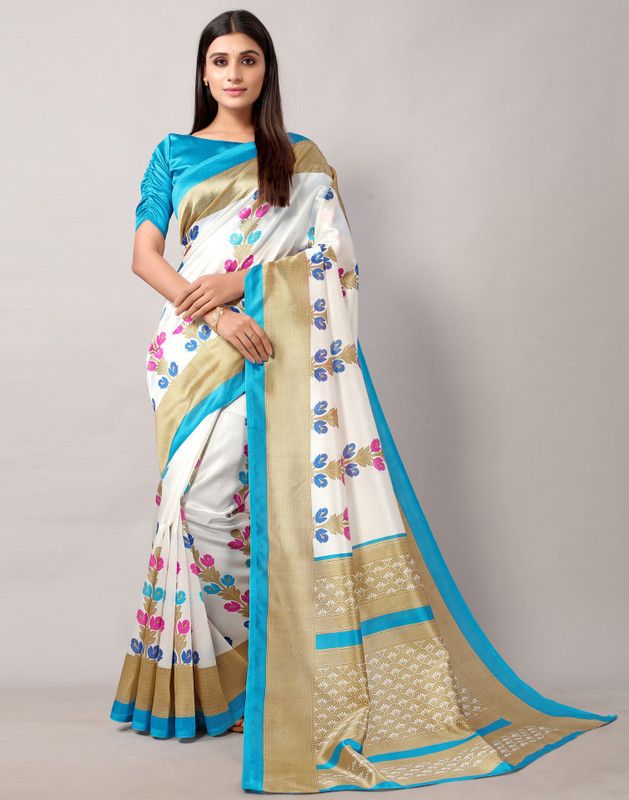 Printed, Geometric Print, Floral Print Banarasi Cotton Silk Saree  (Light Blue, White)