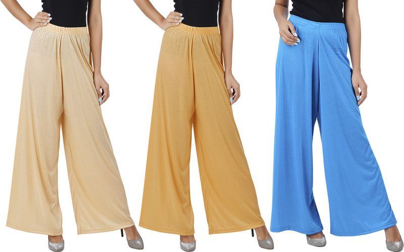 Pack of 3 Women Flared Beige, Brown, Blue Cotton Blend Trousers