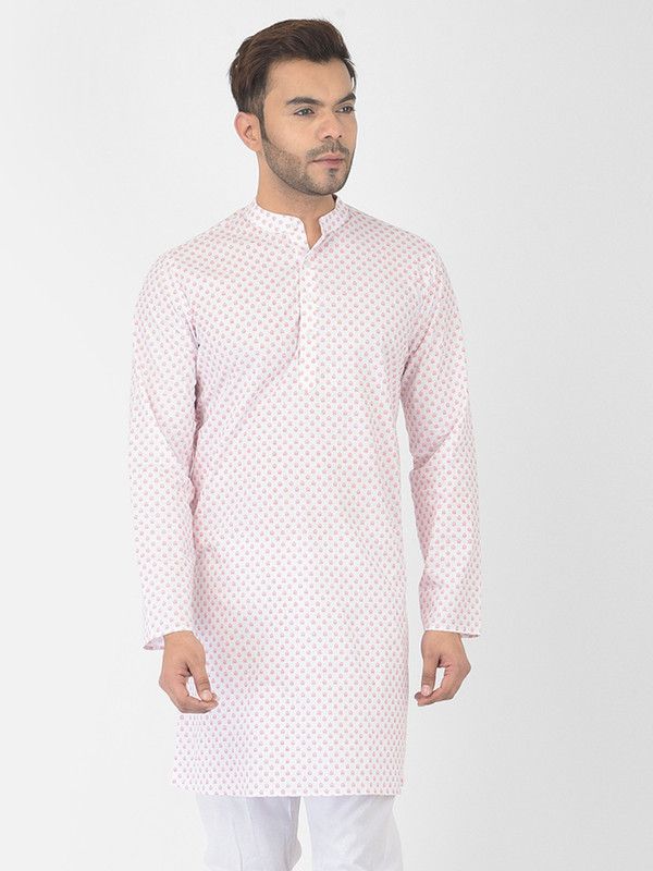 Men Printed Pure Cotton Straight Kurta  (White, Orange)