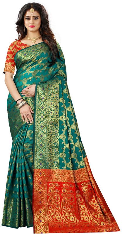 Self Design, Embellished Kanjivaram Silk Blend, Jacquard Saree  (Red, Green)