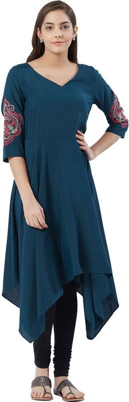 Women Solid Viscose Rayon Asymmetric Kurta  (Blue)