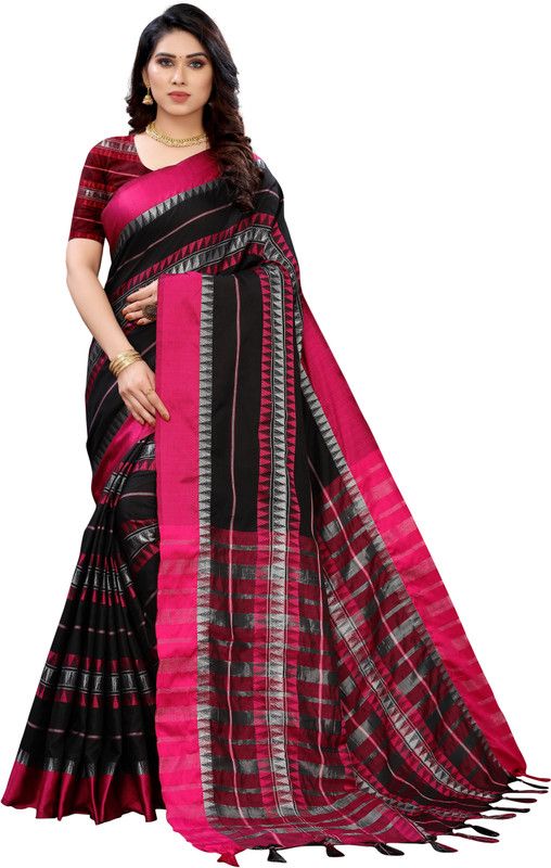 Striped Bollywood Art Silk, Cotton Silk Saree  (Black, Pink)