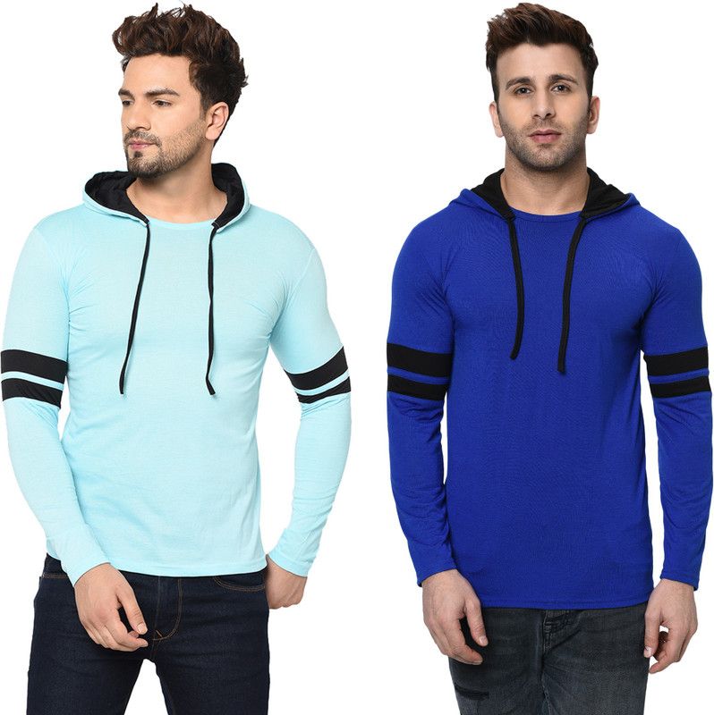 Pack of 2 Double Hood Combo Men Solid Round Neck Cotton Blend Blue T-Shirt