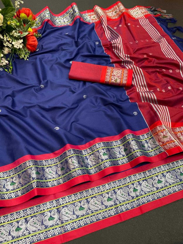 Woven Paithani Cotton Silk, Jacquard Saree  (Blue)