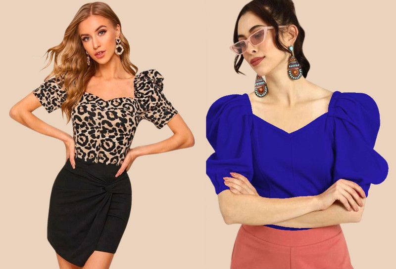 Pack of 2 Casual Puff Sleeves Printed Women Blue Top