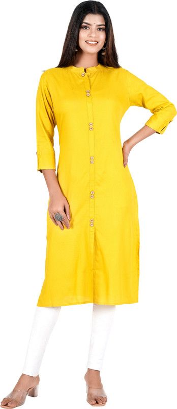 Women Solid Viscose Rayon Straight Kurta  (Yellow)