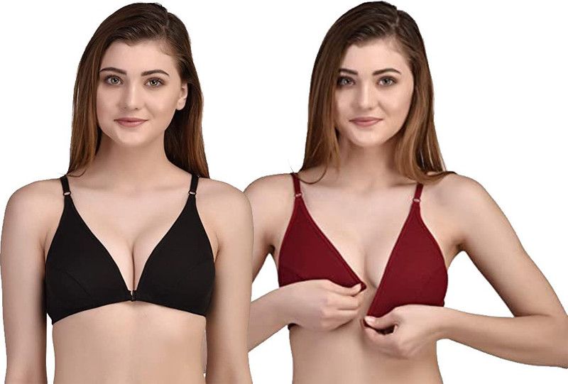 Women Bralette Non Padded Bra  (Black, Maroon)