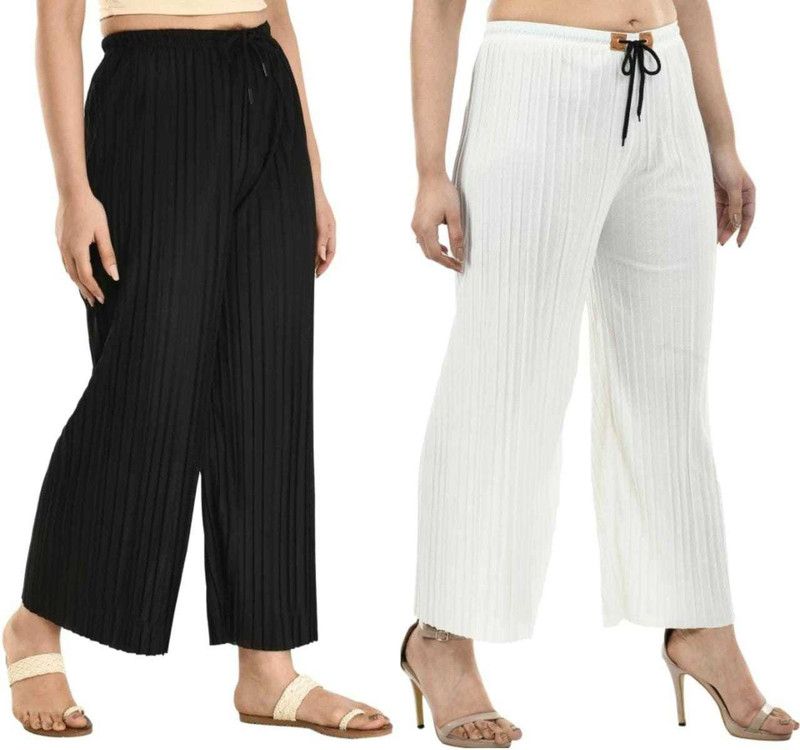 Pack of 2 Women Relaxed Black, White Lycra Blend Trousers