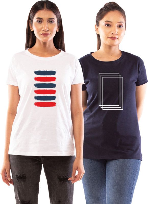 Pack of 2 Women’s Printed Combo of Half Sleeve TShirts Lines Designs Theme Women Printed Round Neck Pure Cotton White, Black T-Shirt
