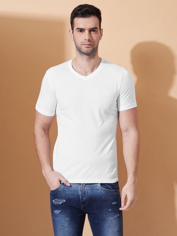 Men Solid V Neck Cotton Blend White T-Shirt