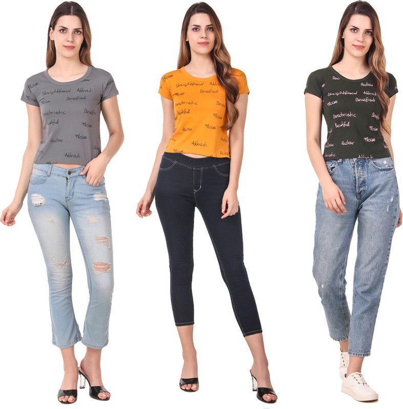 Pack of 3 Women Typography Round Neck Cotton Blend Green, Grey, Yellow T-Shirt