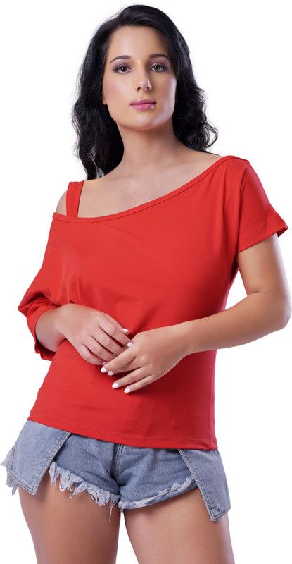 Women Solid Round Neck Cotton Blend Orange T-Shirt