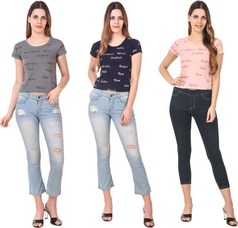 Pack of 3 Women Printed Round Neck Cotton Blend Dark Blue, Pink, Grey T-Shirt