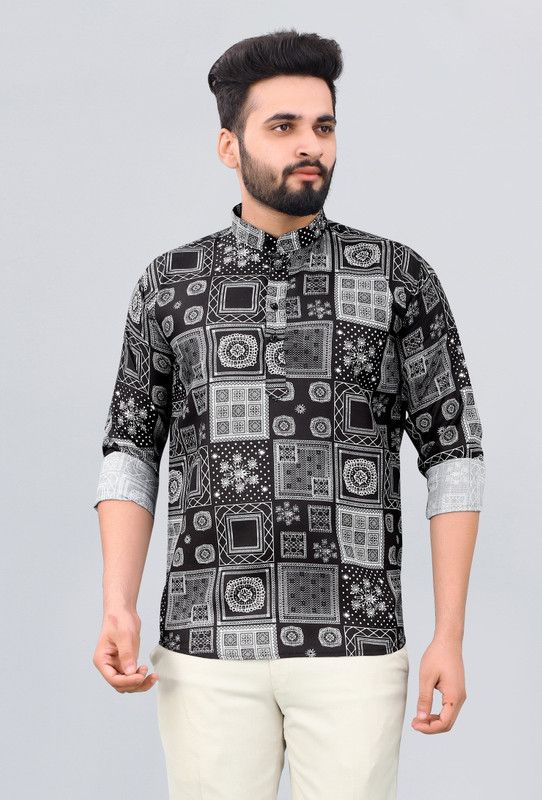 Men Printed Cotton Blend Straight Kurta  (Black)