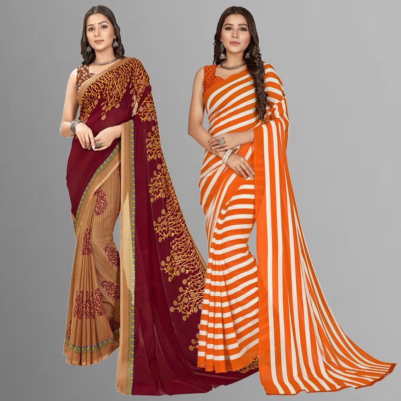 Printed Daily Wear Georgette Saree  (Pack of 2, White, Maroon, Orange)