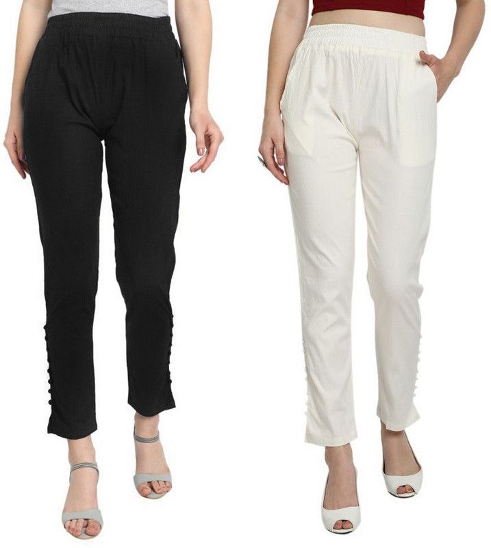 Pack of 2 Women Regular Fit White, Black Cotton Blend Trousers