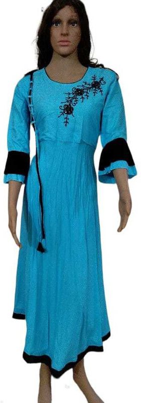 Girls Embroidered Cotton Blend Anarkali Kurta  (Blue)