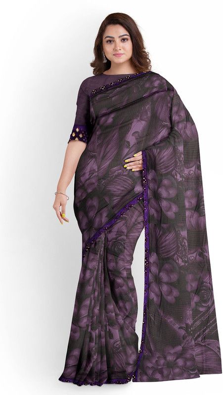 Floral Print Bollywood Chiffon Saree  (Purple, Black)
