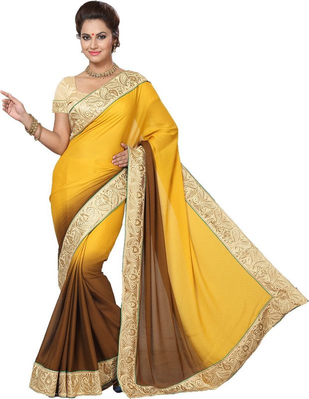 Embellished Bollywood Crepe Saree  (Brown)