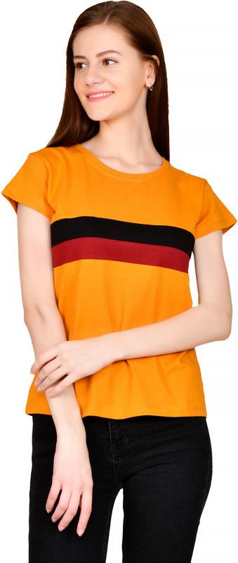 women cotton round neck regular fit top for girls / women's Top Women Solid Round Neck Cotton Blend Yellow T-Shirt