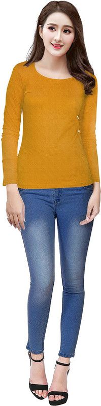 Casual Regular Sleeves Self Design, Solid Women Yellow Top