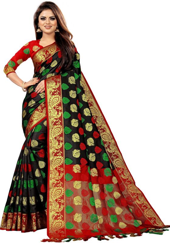 Woven, Embroidered, Checkered Banarasi Jacquard, Cotton Silk Saree  (Black)