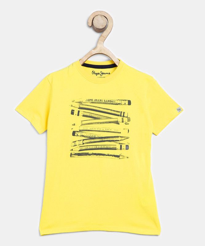 Boys Graphic Print Pure Cotton T Shirt  (Yellow, Pack of 1)