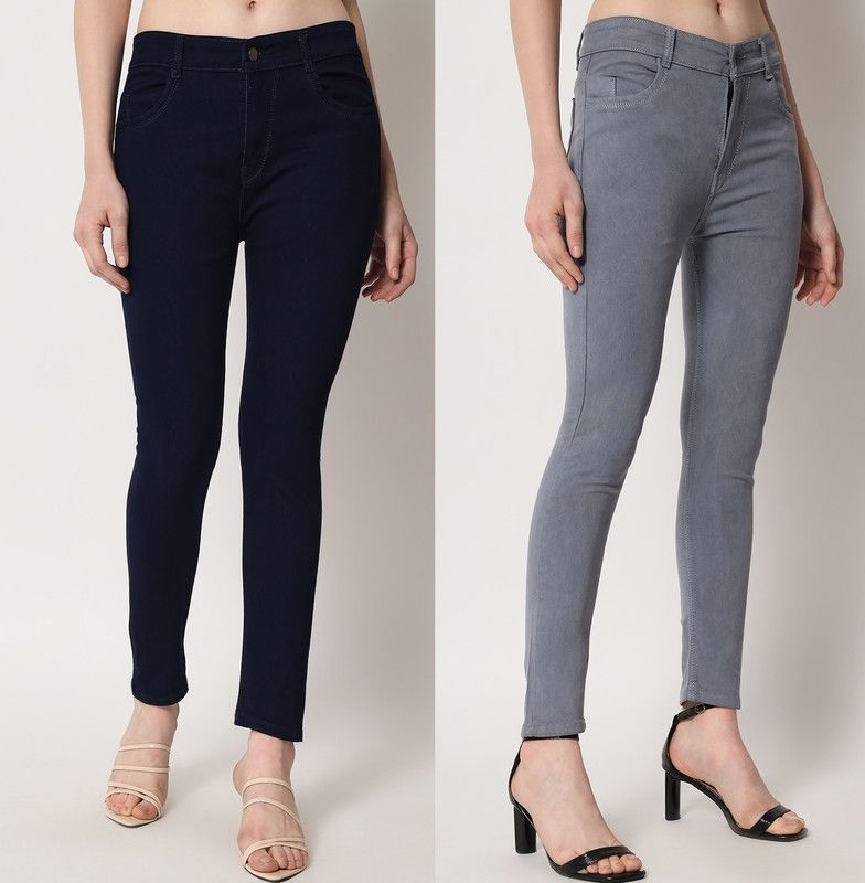 Women Slim Mid Rise Black, Grey Jeans  (Pack of 2)
