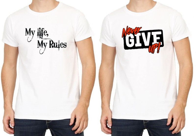 Pack of 2 Men Graphic Print Round Neck Polyester White T-Shirt