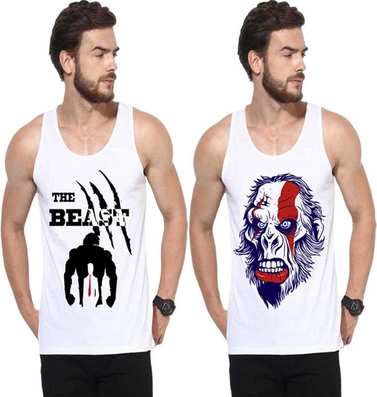 Pack of 2 Men Printed Round Neck Poly Cotton White T-Shirt