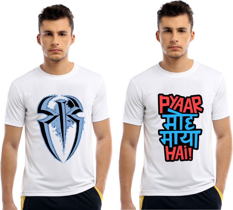 Pack of 2 Men Self Design Round Neck Polyester White T-Shirt