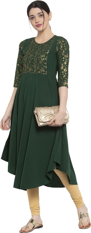 Women Embroidered Crepe A-line Kurta  (Green, Gold)