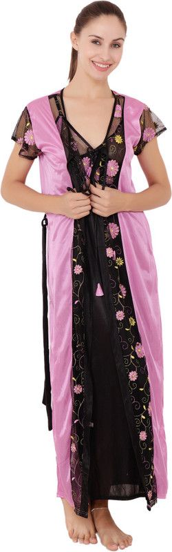 Pack of 2 Women Nighty with Robe  (Black, Pink)