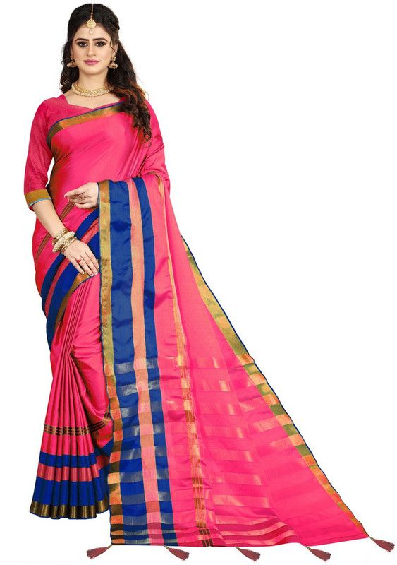 Self Design, Striped, Woven, Checkered Bollywood Tussar Silk, Cotton Silk Saree  (Pink)