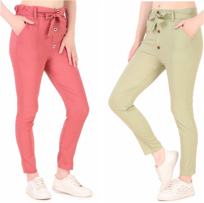 Pack of 2 Women Slim Fit Multicolor Cotton Blend Trousers