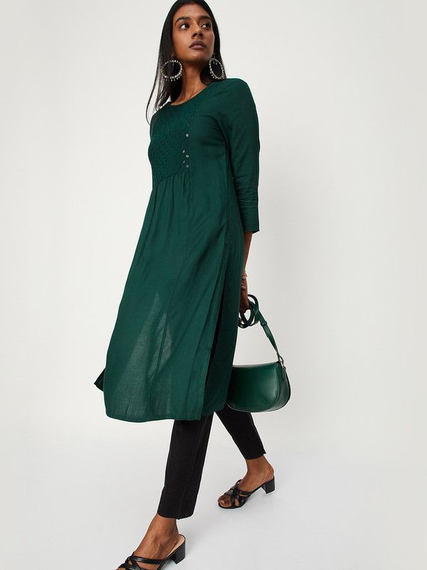 Women Embellished Viscose Rayon Straight Kurta  (Green)