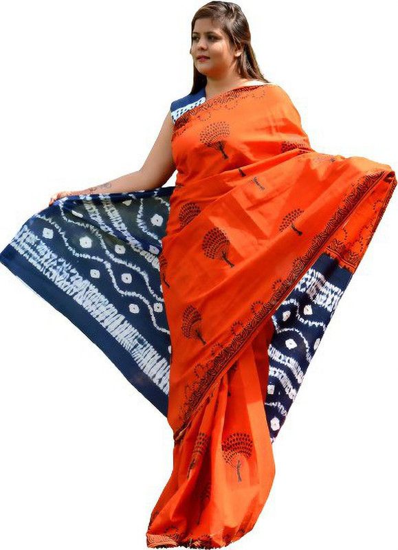 Printed Manipuri Pure Cotton Saree  (Blue, Orange)