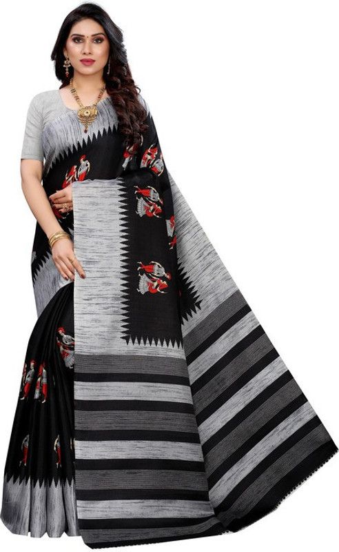 Printed Madhubani Georgette Saree  (Black)