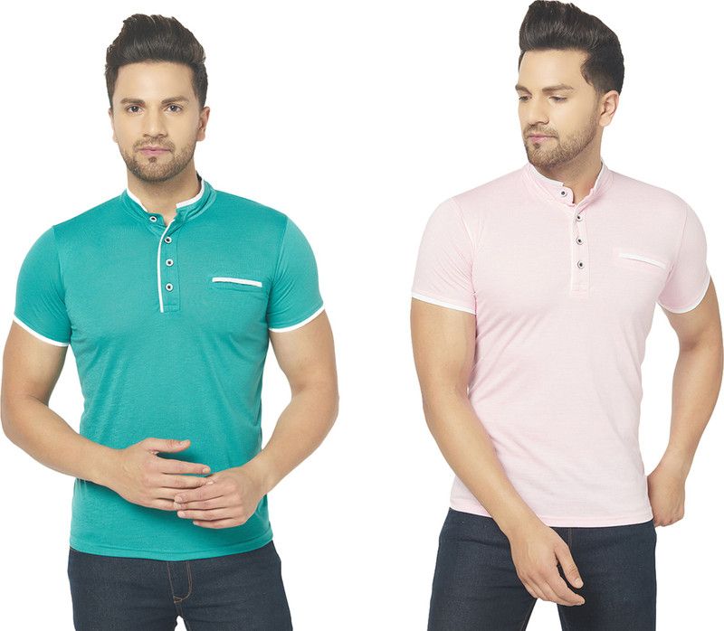 Pack of 2 Men Solid Mandarin Collar Cotton Blend Multicolor T-Shirt