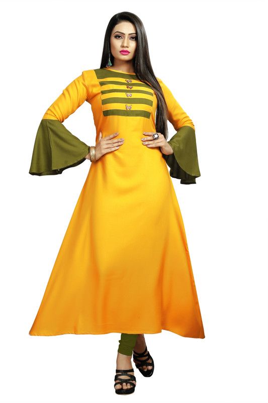 Women Solid Cotton Rayon Flared Kurta  (Yellow)